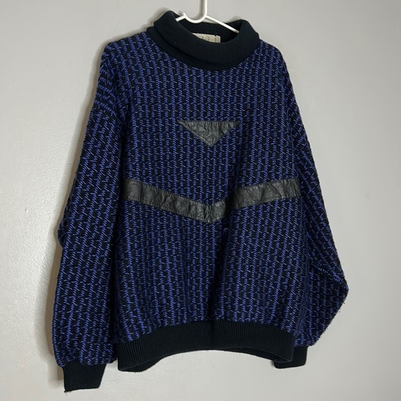 Vintage 1980s acrylic and leather oversized large knit sweater pull over jumper - Picture 1 of 7